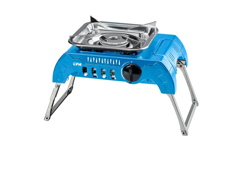 CFH GK 425 Premium Single Flame Gas Stove - High-Quality Camping Stove 2.4 kW, 175 g/h, with Piezo Ignition, Flame Regulation, Stainless Steel Pot Rest, Sturdy Folding Feet, for Gas Cans with Screw-On