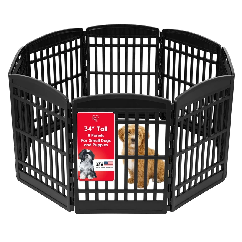 IRIS USA 34" Exercise 8-Panel Pet Playpen, Dog Playpen, for Medium and Large Dogs, Keep Pets Secure, Easy Assemble, Fold It Down, Easy Storing, Customizable, Black