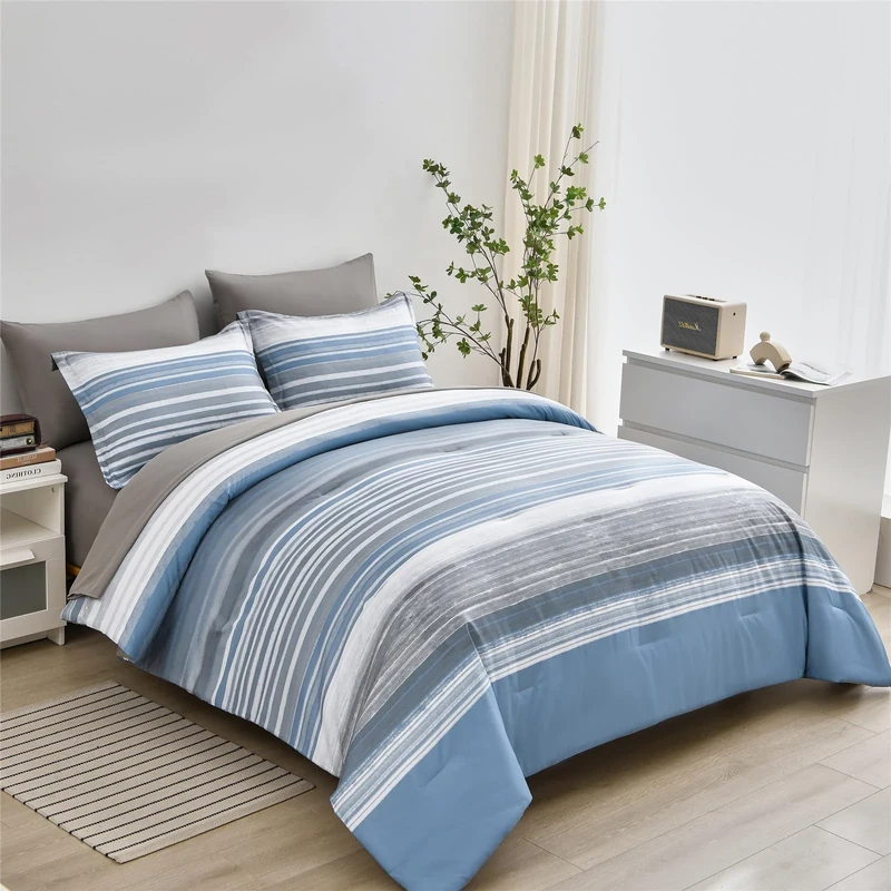 KAKIJUMN 7 Piece Bed in a Bag Stripe Comforter Set Queen Size, White Grey Blue Patchwork Striped Comforter and Sheet Set, All Season Soft Microfiber Complete Bedding Set(Light Blue,Queen)