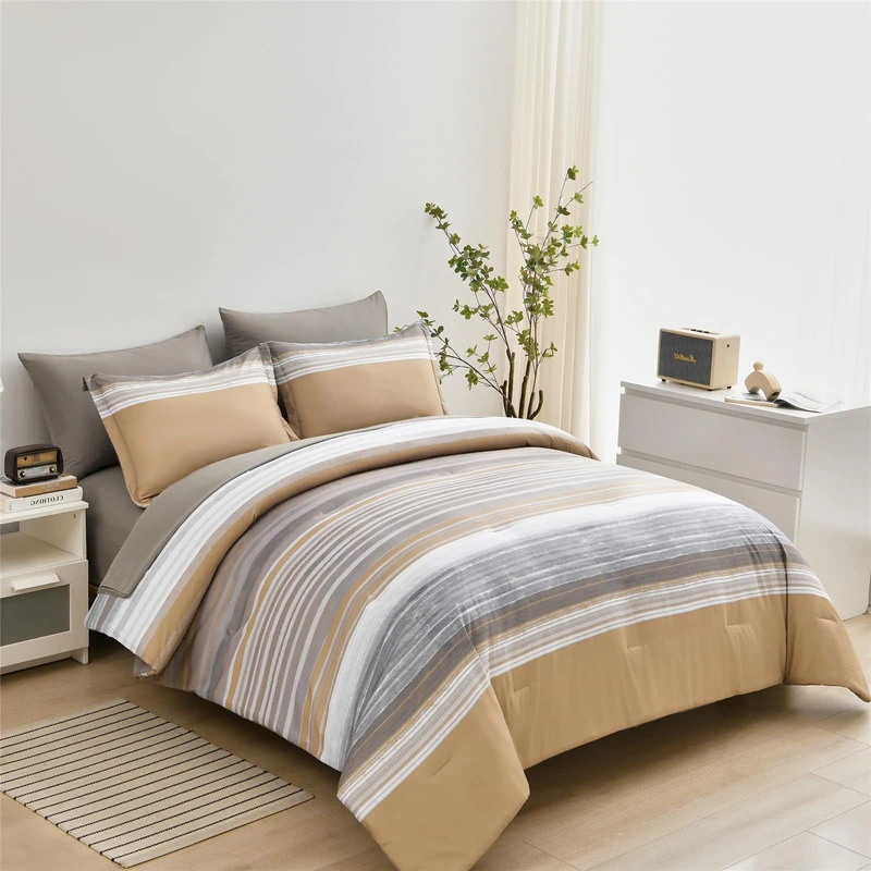 KAKIJUMN 7 Piece Bed in a Bag Stripe Comforter Set Queen Size, White Grey Khaki Patchwork Striped Comforter and Sheet Set, All Season Soft Microfiber Complete Bedding Set(Khaki,Queen) - Image 1