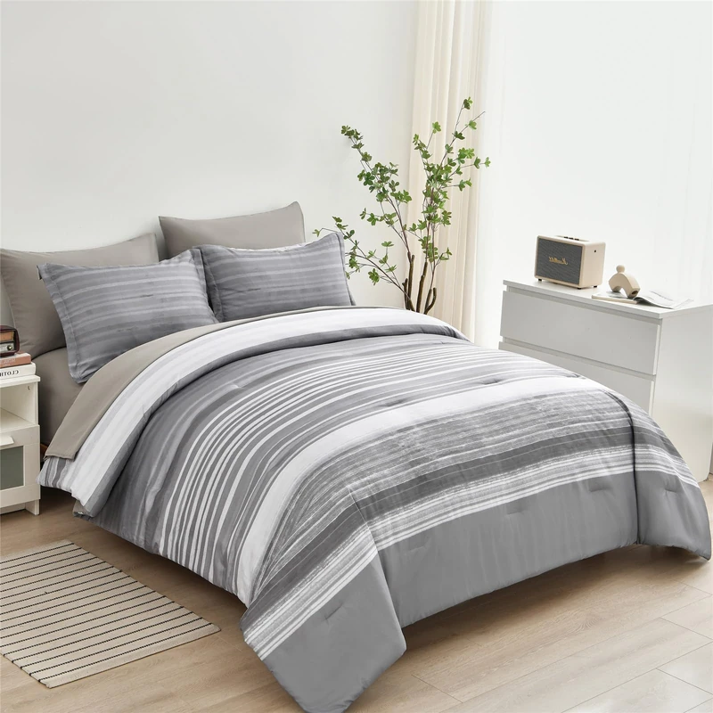 KAKIJUMN 7 Piece Bed in a Bag Stripe Comforter Set King Size, White Grey Patchwork Striped Comforter and Sheet Set, All Season Soft Microfiber Complete Bedding Set(Light Grey,King)
