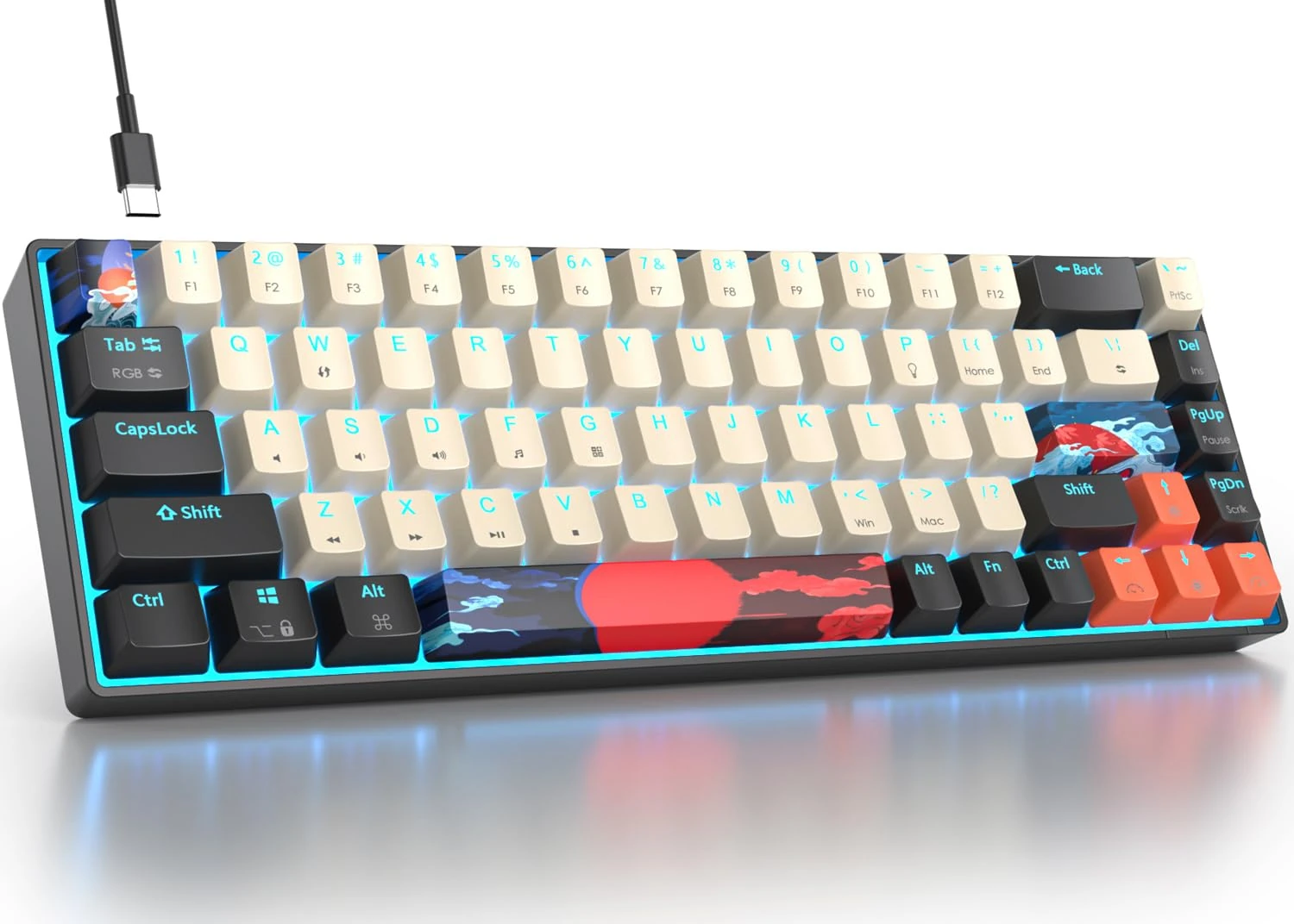 Fogruaden RGB Wired 60% Mechanical Keyboard, 68 Keys, Red Switch, Compact, Anti-Ghosting, Ergonomic, USB Wired, Windows/Mac/Laptop PC Gaming