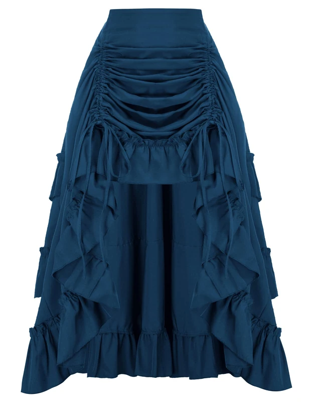 Scarlet Darkness Women's 2024 Summer Skirt Gothic Steampunk Skirt Victorian High-Low Bustle Skirt, New Ruffle-Blue, XL