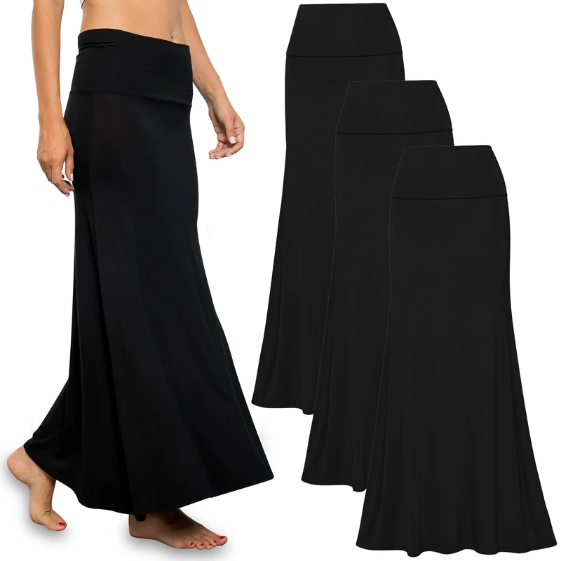 Free to Live Women's 3 Pack Long Skirts for Women Fall Winter Flowy Maxi Skirts High Waist Fold Over Floor Ankle Length Jersey Knit, Black