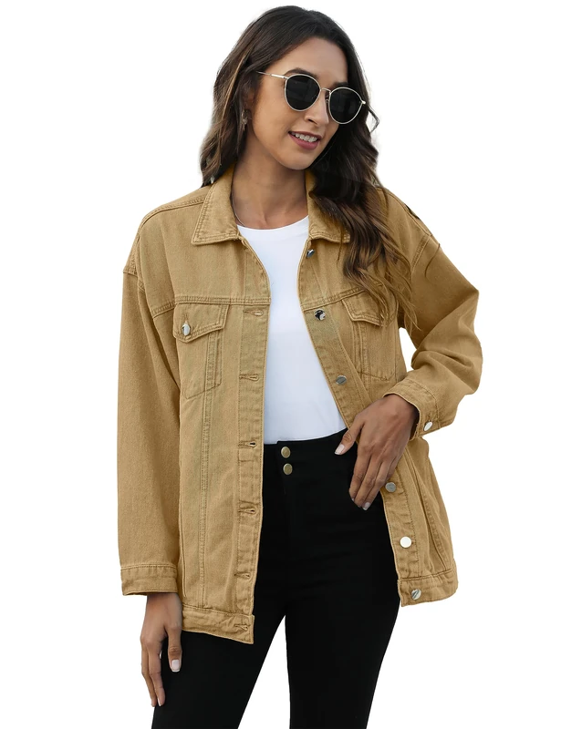 Omoone Women's Oversized Mid Long Denim Jacket Jean Biker Coat, Khaki, S
