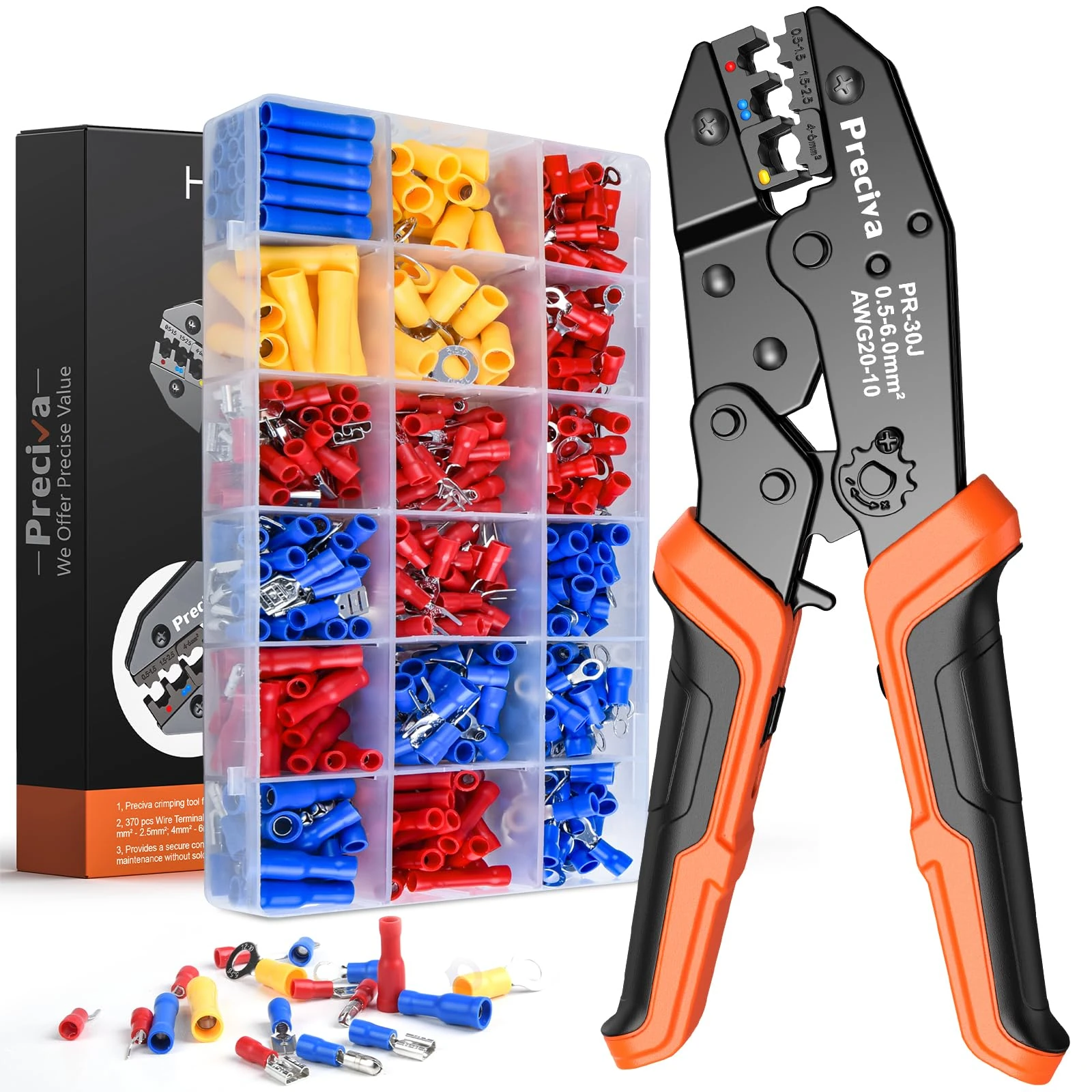 Insulated Crimping Tools, Preciva 0.5-1.5/1.5-2.5/4-6mm²(A.W.G. 20-10) Crimping Tool, with 370pcs terminals. Suits Electrical Wiring Repair, Car, Van, Motorbike etc
