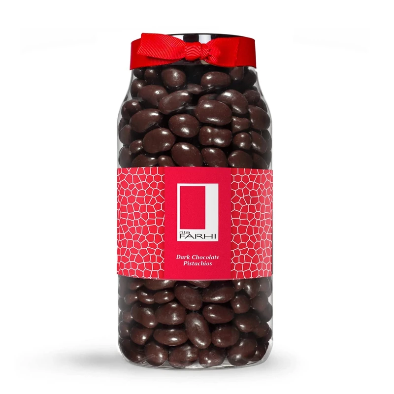 Rita Farhi Dark Chocolate Coated Pistachios in a Luxury Gift Jar 780g - New Palm Oil Free Recipe