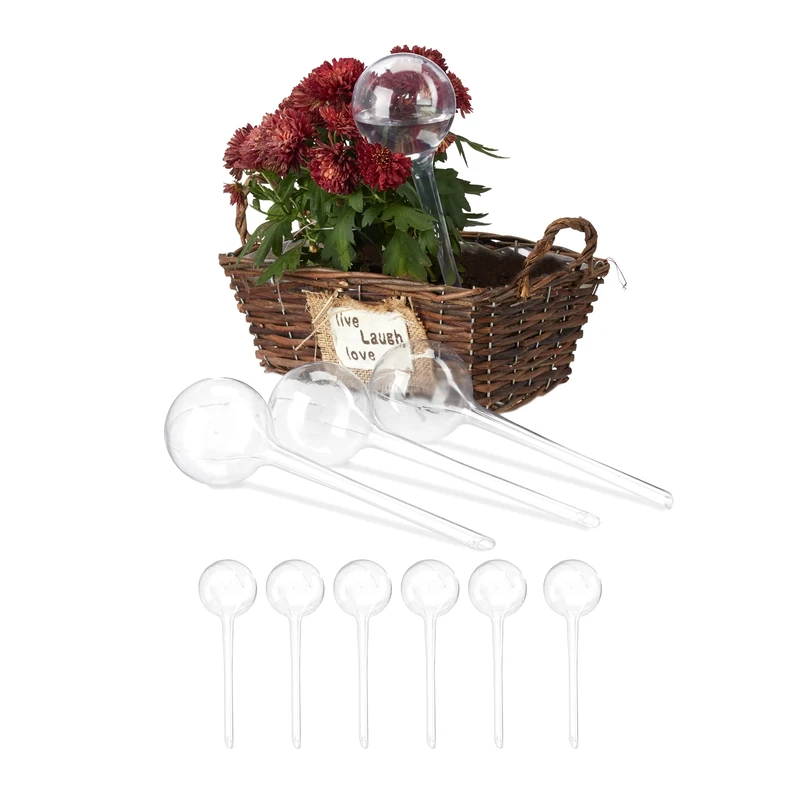 Relaxdays Watering Globes, Set of 10, Plant Irrigation Stakes, for Office & Holiday, Plastic, 250 ml, 28 x 8 cm, Clear