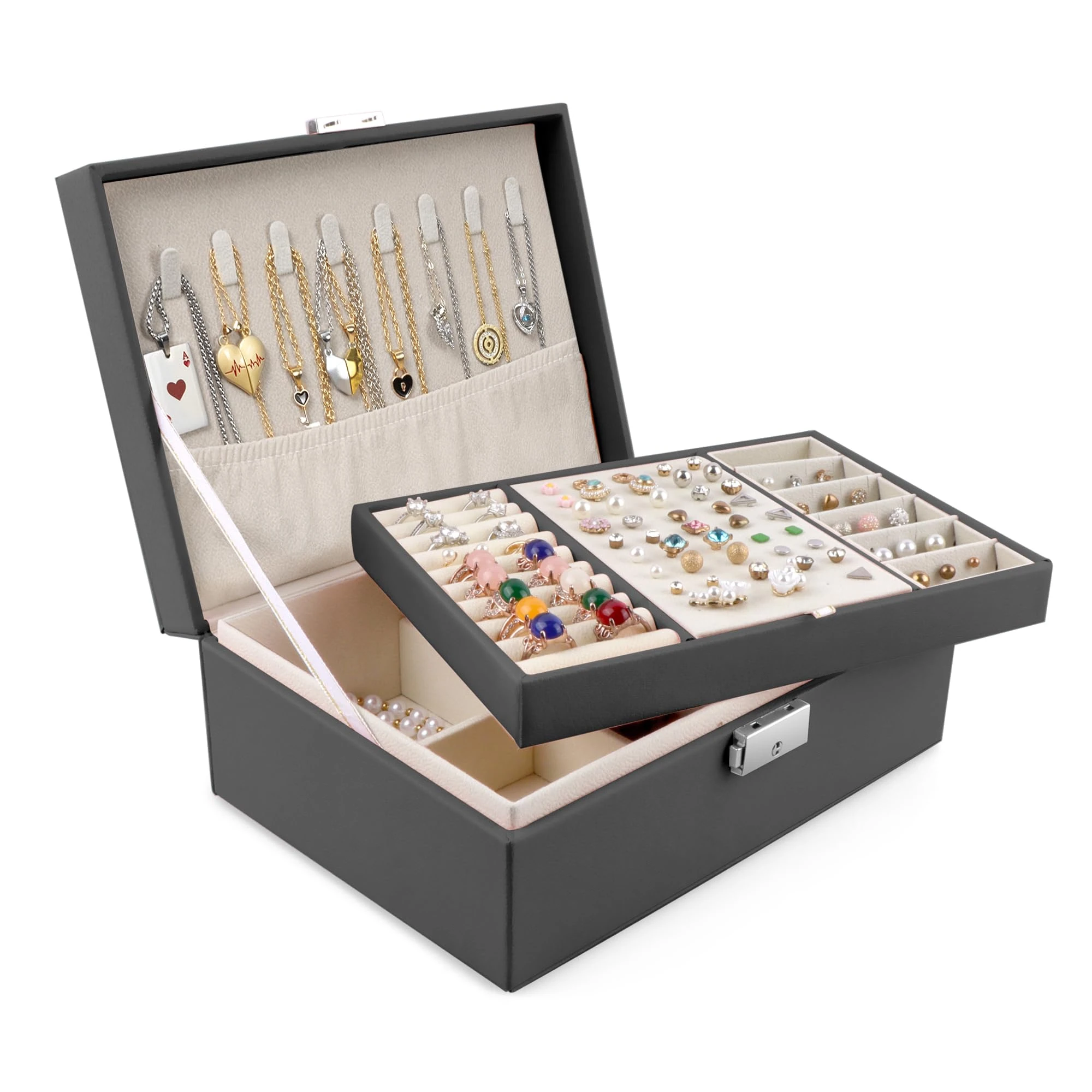 Homeanda Jewellery Box with Lock, 2-Layer Leather Jewellery Organizer boxes for Women Girls Teens, Jewellery Storage Box for Necklaces, Bracelets, Rings, Earrings (Black)