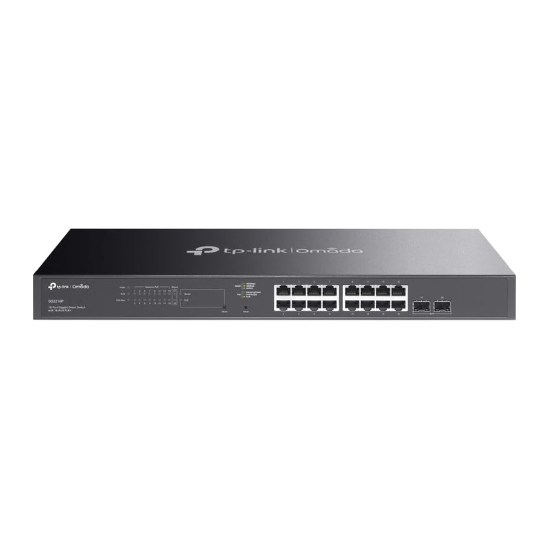 TP-Link Omada SG2218P 18-Port Gigabit Smart PoE Switch, 16-Port PoE+ Managed Network Switch with 150W Budget, 2× SFP Slots, VLAN, QoS, Fanless Rackmount Ethernet Switch
