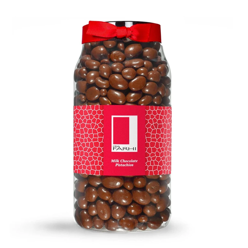 Rita Farhi Milk Chocolate Coated Pistachios in a Luxury Gift Jar 780g - New Palm Oil Free Recipe