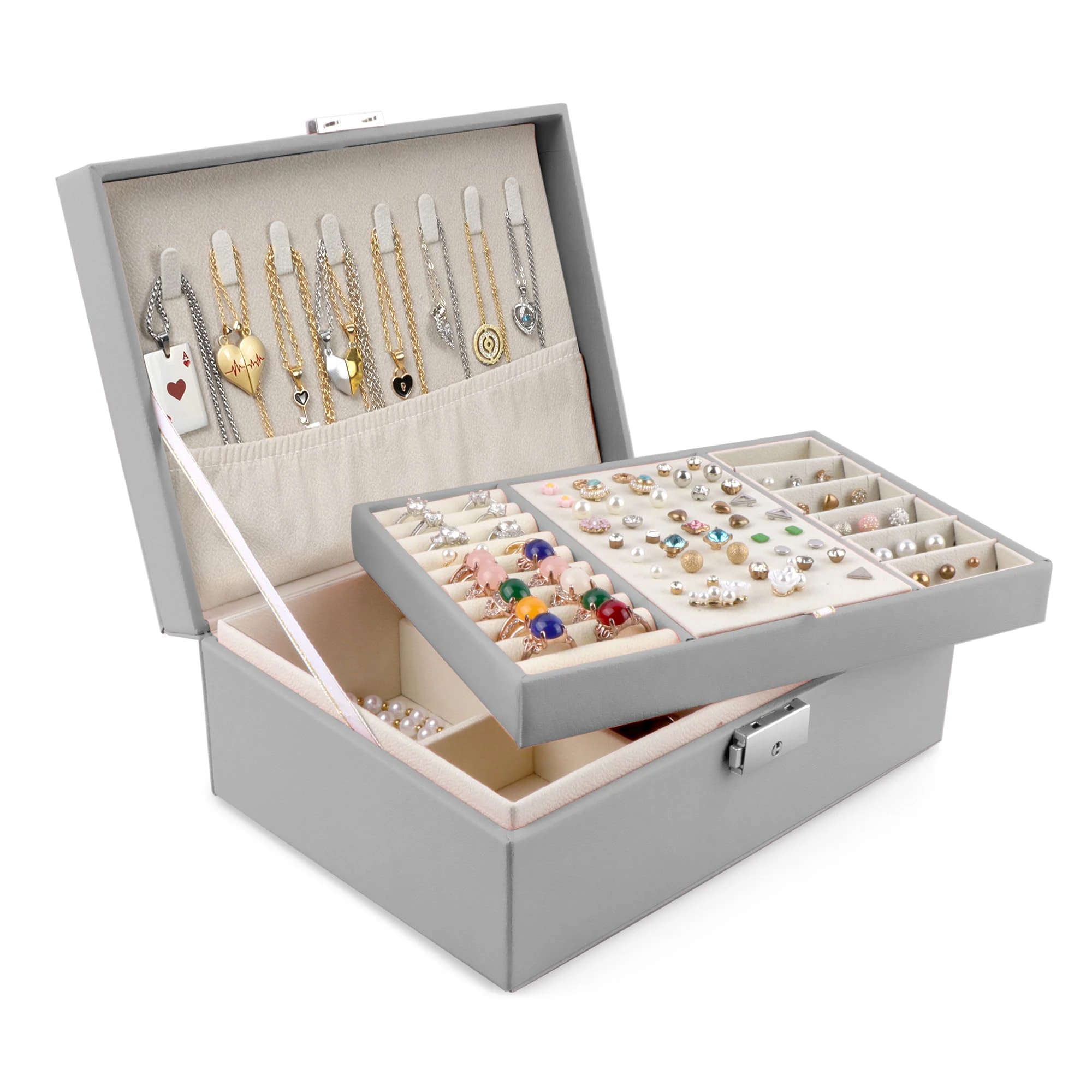 Homeanda Jewellery Box with Lock, 2-Layer Leather Jewellery Organizer boxes for Women Girls Teens, Jewellery Storage Box for Necklaces, Bracelets, Rings, Earrings (Grey)