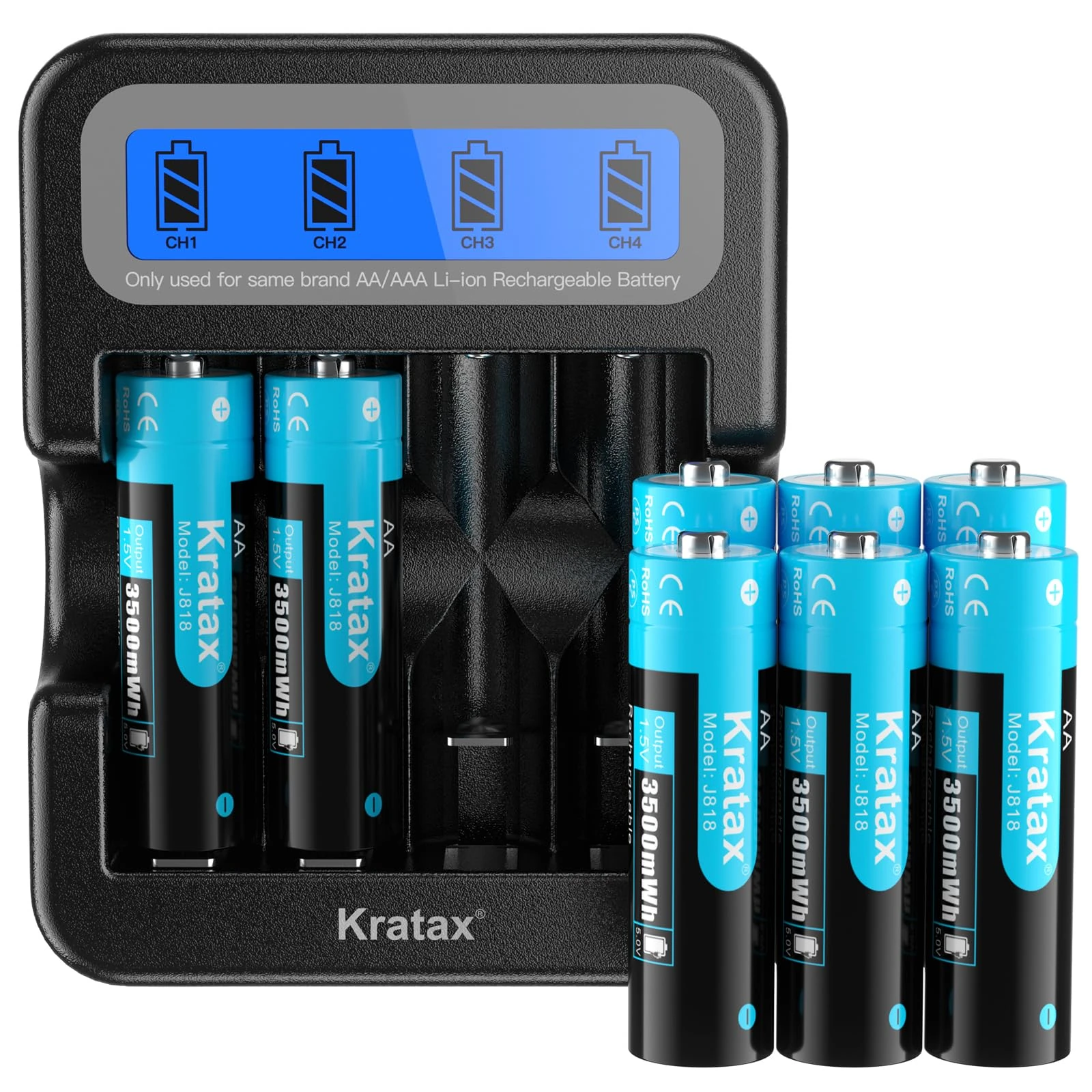 Kratax 1.5 V AA Rechargeable Lithium Battery, 3500 mWh High Capacity, Max 3A Current，1600 Long Cycles, 8 x AA Lithium Batteries with Black LCD Charger, for Blink Camera VR/AR Headset Xbox Controller