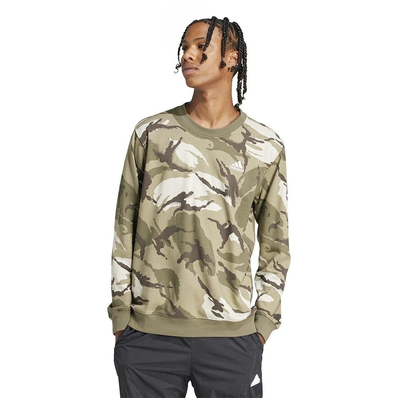 adidas Men's Seasonal Essentials Camouflage Sweatshirt, olive strata, M