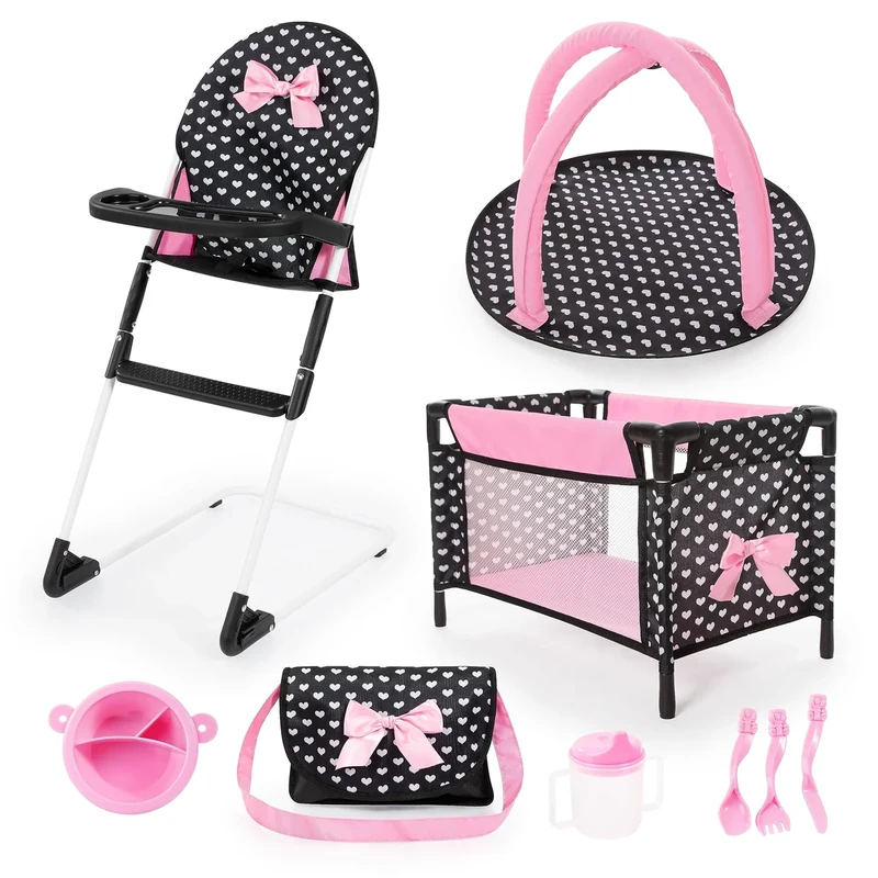 Bayer Design 61760AB doll accessories set with dolls high chair, bed, bag, play mat, dummy, cutlery, plate, mug for feeding - perfect for role play, 3+ age