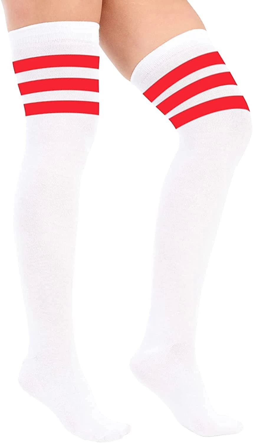 Crazy Chick® Ladies Girls Over the Knee Thigh High Socks - Womens Referee 3 Stripes Cotton Casual Boot Stockings - Long Cheerleader Socks for Daily Wear Sports Cosplay (White with Red)