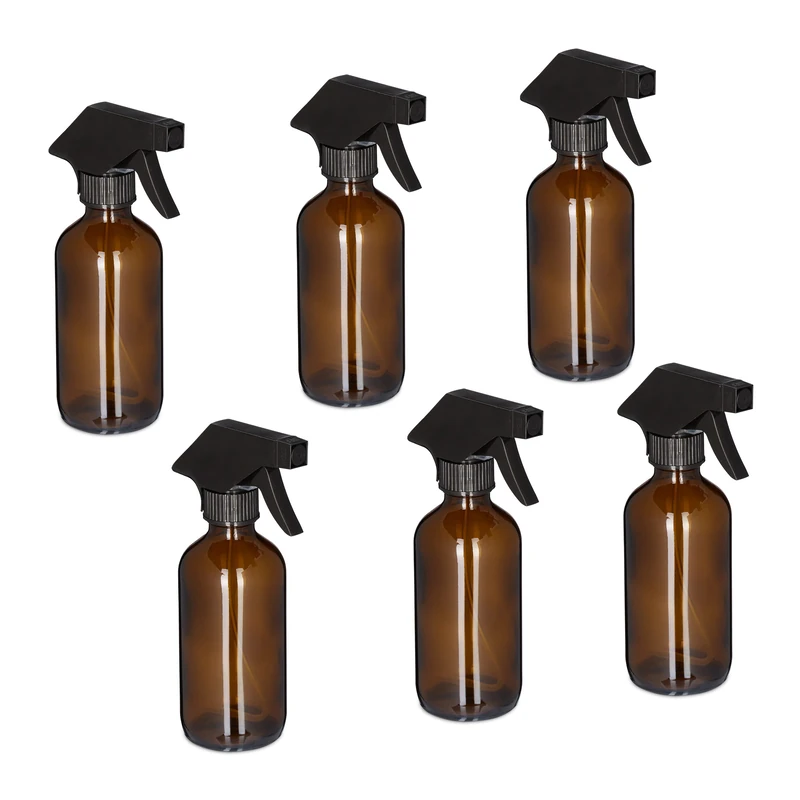 Relaxdays Set of 6 Glass Spray Bottles, 230 ml, Refillable, Nozzle, Mist & Stream, Hair & Plant Care, Cleaning, Brown, 18 x 9.5 x 6 cm