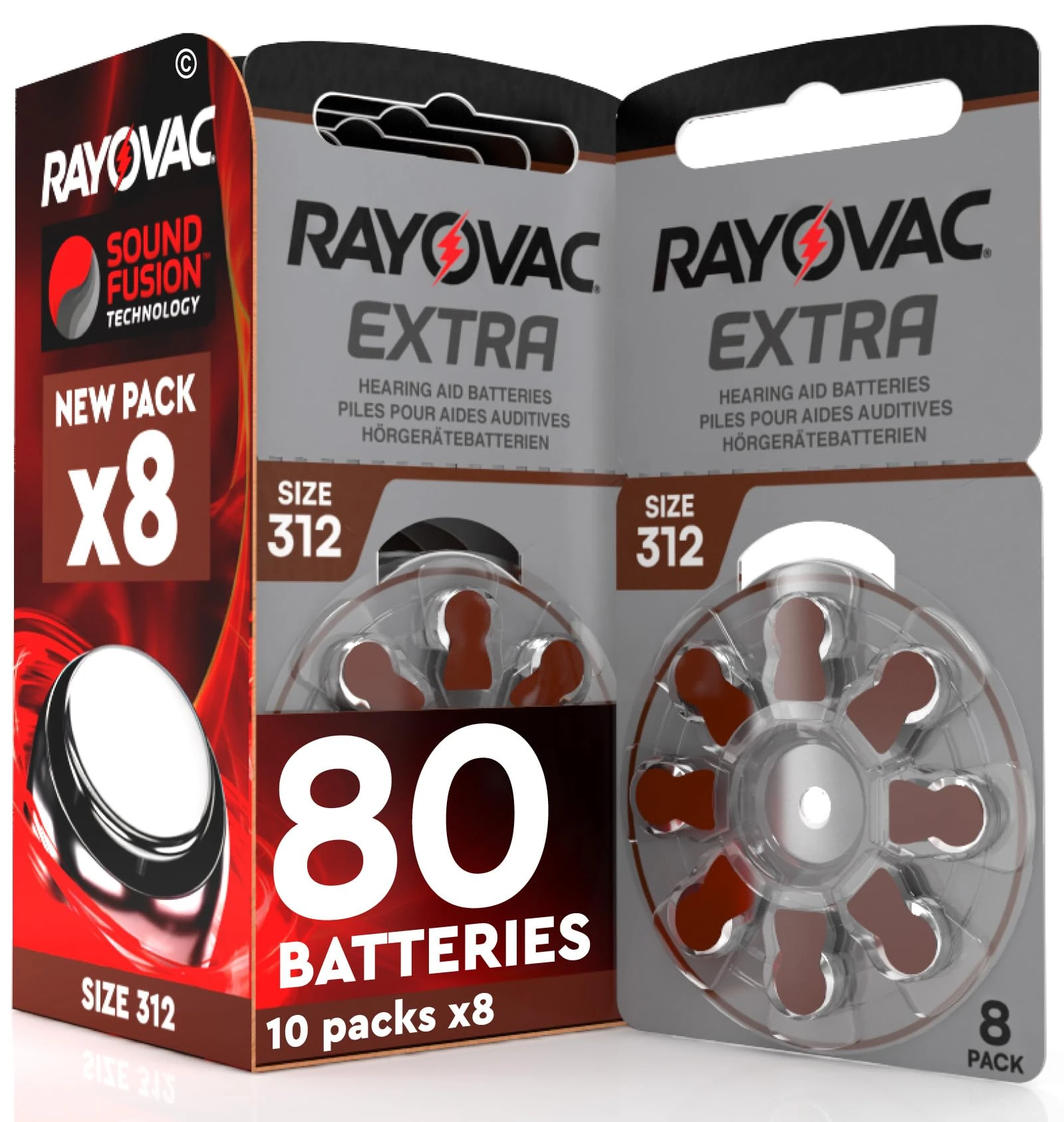 80 Hearing Aid Batteries Rayovac Extra 312. 10x8 Pack PR41 Brown Size