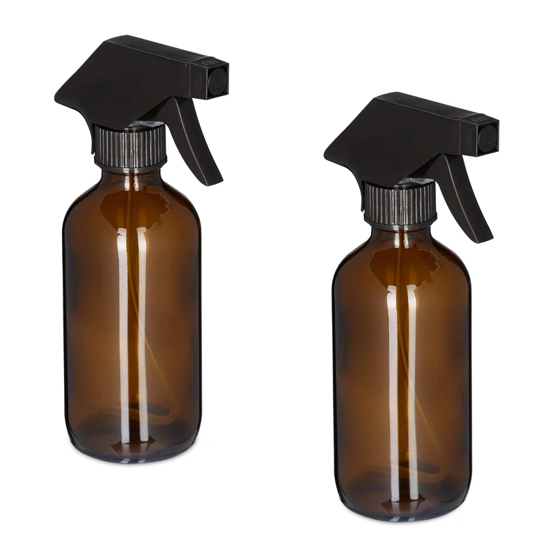 Relaxdays Set of 2 Glass Spray Bottles, 230 ml, Refillable, Nozzle, Mist & Stream, Hair & Plant Care, Cleaning, Brown, 18 x 9.5 x 6 cm