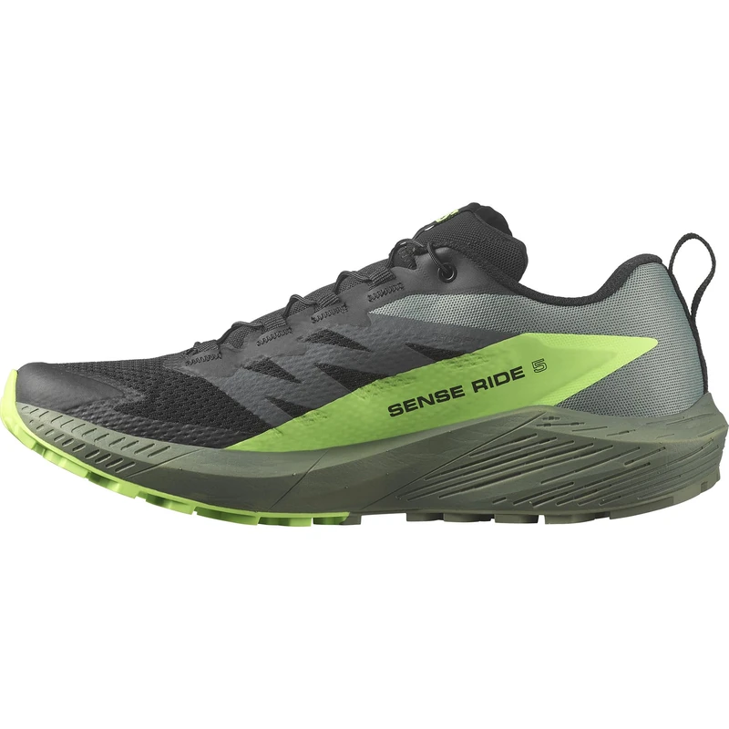 Salomon Men's Sense Ride 5 Trail Running Shoes, Black Laurel Wreath Green Gecko, 9.5 UK
