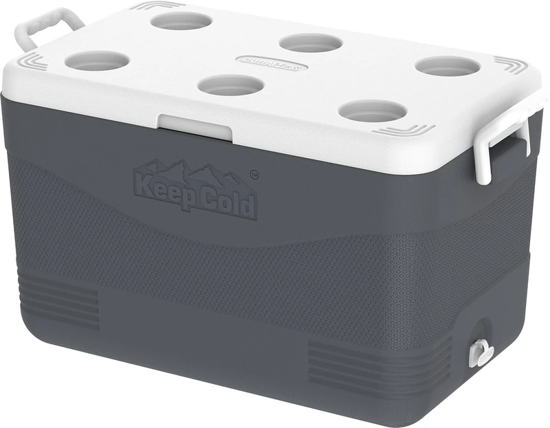 Duramax Picnic Icebox 60L High performance cool box with PU Insulation, Side handles with secure lid locking & cup holders on lid, Icebox, Cooler box, Cool Grey