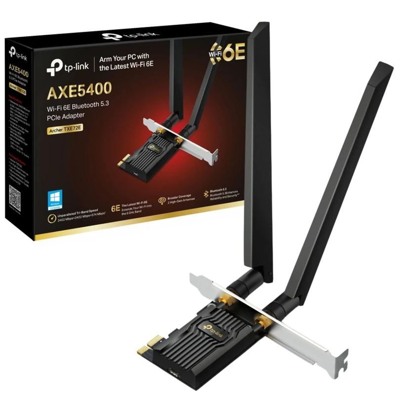 TP-Link Archer TXE72E AXE5400Mbps Tri-Band WiFi 6E Bluetooth 5.3 PCIe Adapter with Two Antennas, Ultra-Low Latency WiFi Adapter for PC, Ideal for AR/VR, 8K Streaming, Supports Windows 11, Easy Setup