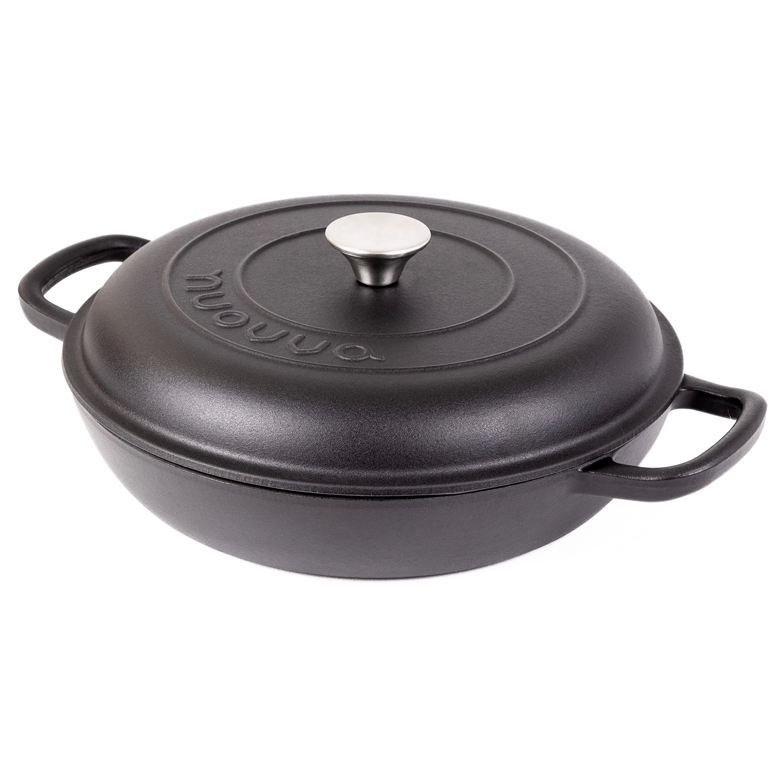 Shallow Cast Iron Casserole with Lid – Non Stick Dutch Oven Pot, Oven Safe up to 500° F – Sturdy Ovenproof Stockpot Cookware – Enamelled Cooking Pot – Black, 3.7-Quart, 30cm – by Nuovva