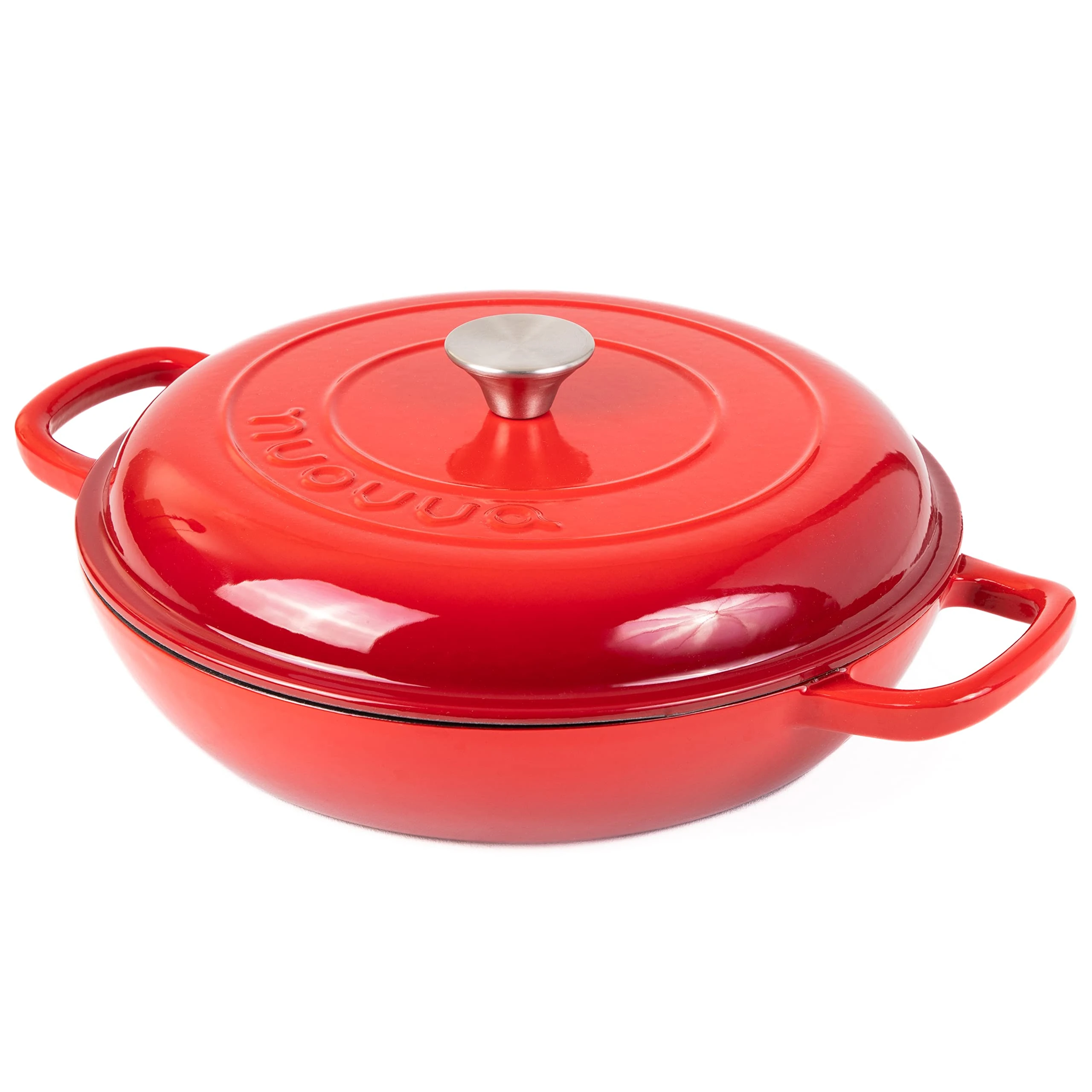 Shallow Cast Iron Casserole with Lid – Non Stick Dutch Oven Pot, Oven Safe up to 500° F – Sturdy Ovenproof Stockpot Cookware – Enamelled Cooking Pot – Red, 3.7-Quart, 30cm – by Nuovva