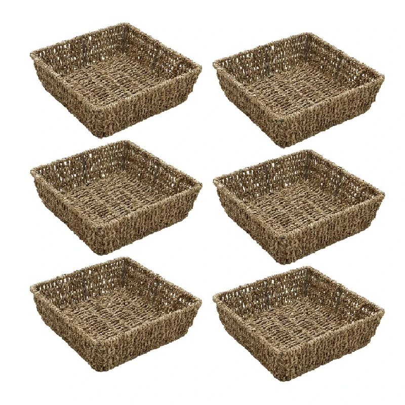 JVL Hand Woven Seagrass Square Storage Tray, H:8 x W:25 x D:25cm, Capacity 4.2L, Set of 6