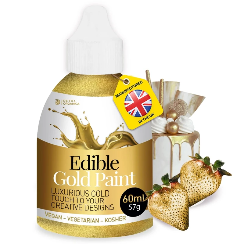 Gold Edible Paint 60 ml - Edible Gold Paint for Cake Decorating – Food Colour Liquid to Use with Sponge, Brush or Thinned with Airbrush – Vegan, Vegetarian Suitable