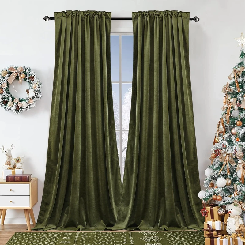 Dchola Olive Green Velvet Curtains for Bedroom Window, Super Soft Vintage Luxury Heavy Drapes, Room Darkening Rod Pocket Curtain for Living Room, W52 by L84 inches, 2 Panels - Image 1