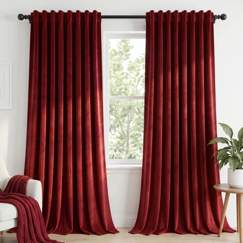 Dchola Wine Red Velvet Curtains for Bedroom Window with Back Tab, Super Soft Vintage Luxury Heavy Drapes, Room Darkening Thermal Insulated Curtain for Living Room, W52 by L108 inches, 2 Panels