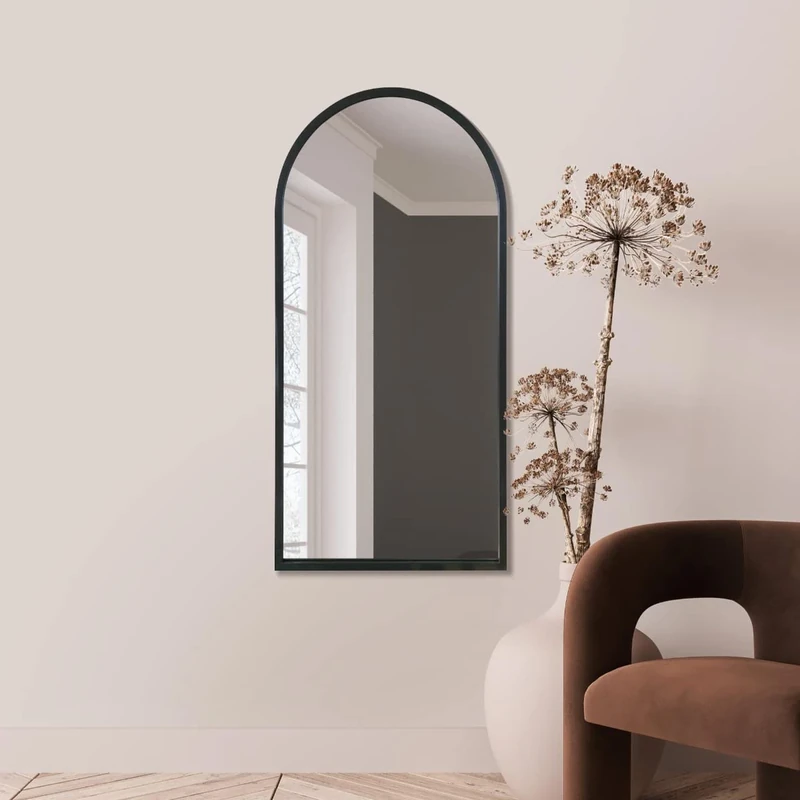 MirrorOutlet The Arcus - Black Metal Framed Modern Arched Wall Mirror 47" X 23.5" (120CM X 60CM) Black. 2cm Wide Frame and 3cm Deep