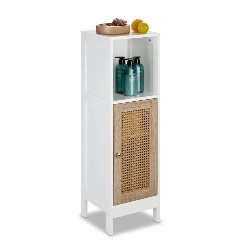 Relaxdays Bathroom Cabinet, 3 Compartments, HWD: 96.5 x 30 x 30 cm, Narrow Storage Unit with Rattan Door, White/Natural, Fibreboard
