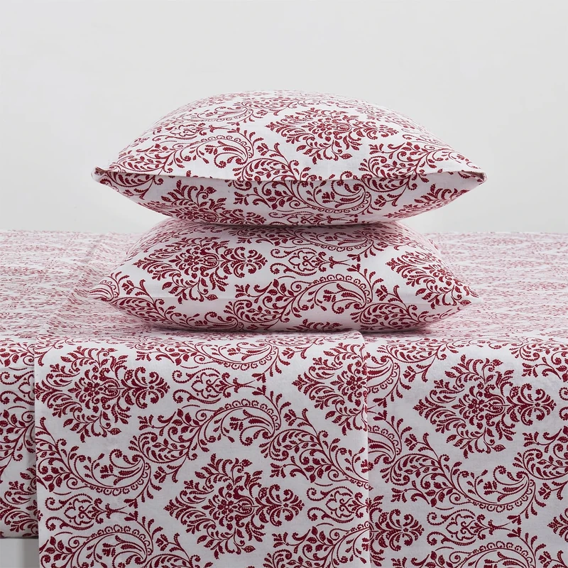 Tahari Home | Damask Collection | Red/White Cozy Triple Brushed Cotton Flannel Bed Sheet Set, King, 4 Pieces