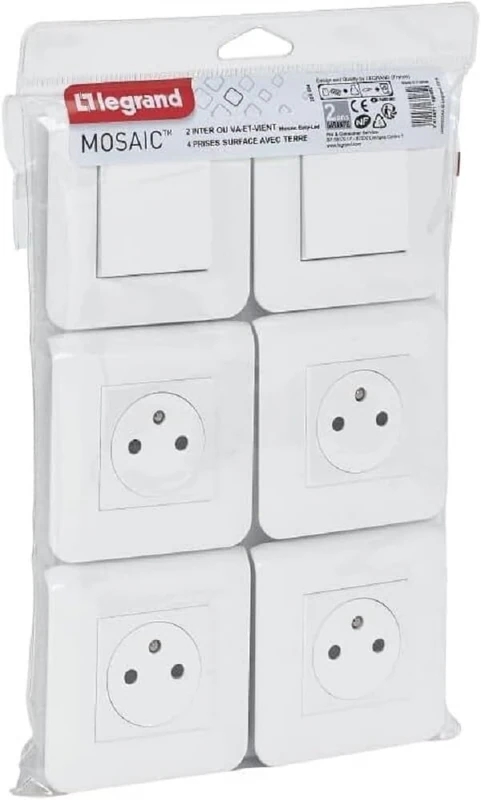 Legrand - 4 Sockets 2P + T 16A + 2 Toggle Switches 10A Complete Mosaic - White