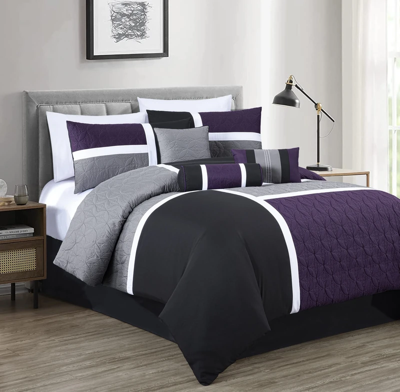 Chezmoi Collection Upland 7-Piece Quilted Patchwork Comforter Set, Purple/Black/Gray, Full