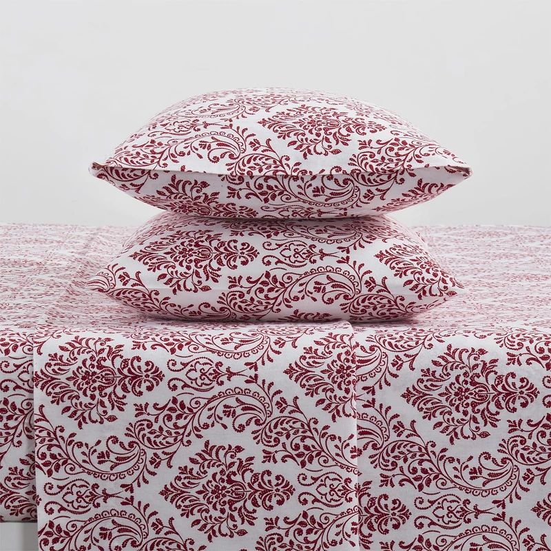Tahari Home | Damask Collection | Red/White Cozy Triple Brushed Cotton Flannel Bed Sheet Set, Full, 4 Pieces