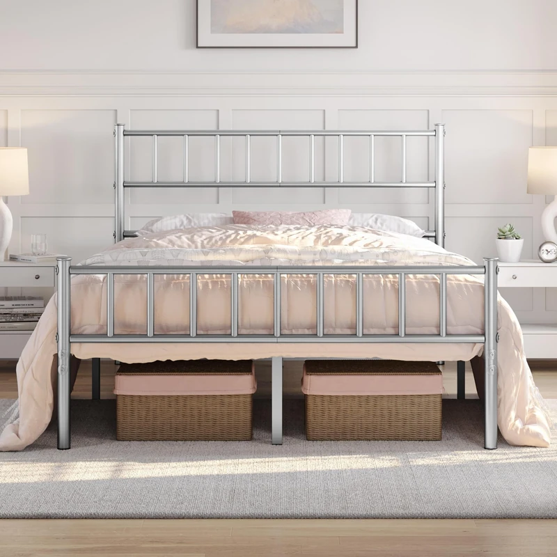 Yaheetech 4ft6 Double Bed Frame Metal Bed Frame with Slatted Headboard and Footboard Solid Slat Support Silver