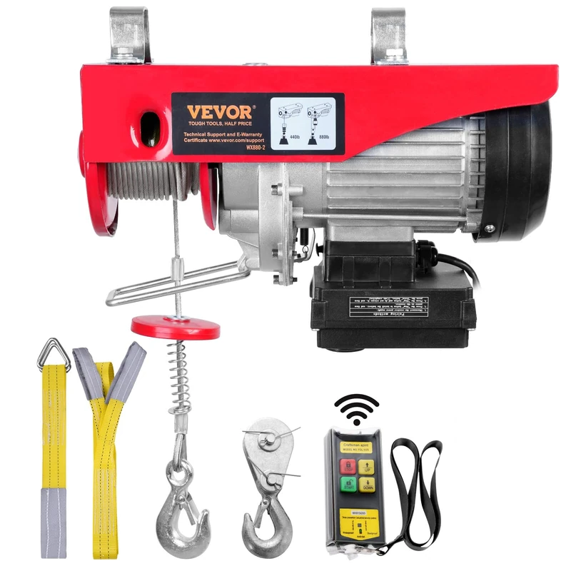 VEVOR Electric Winch 200 kg to 400 kg Lifting Height 12 m Cable Motor Winch 850 W Copper Motor Pulley 10 m/min Lifting Speed Lift with Wireless Remote Control Cable Hoist Chain Hoist - Image 1