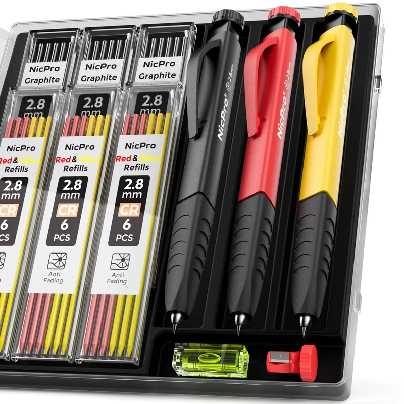 Nicpro Upgraded 3-IN-1 Carpenter Pencil Set with Finger Grip, 3Pcs Construction Pencils with 39 Refill & Mini Spirit Level, Deep Hole Marker Carpenter Tool, Mechanical Pencil for Architect Woodworking