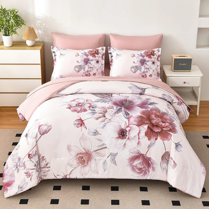 LLDSYW Floral Comforter Sets 7 Piece Bed in a Bag, Soft Lightweight Microfiber Bed Comforter Set with Sheets (Pink,King)