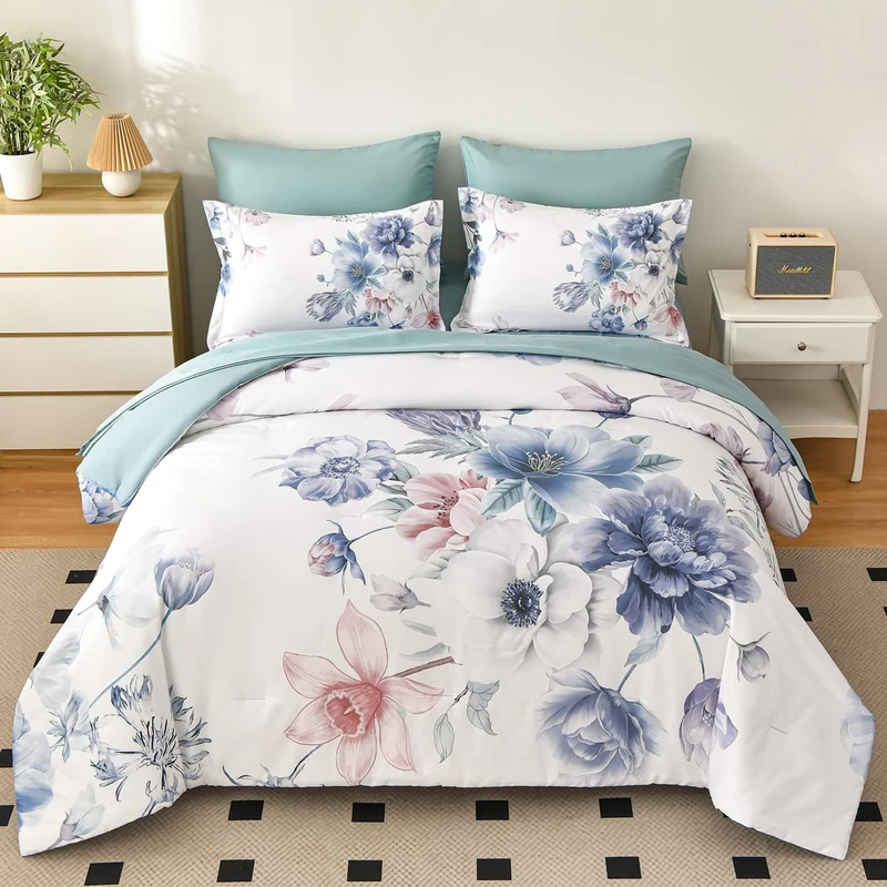LLDSYW Floral King Size Comforter Set - 7 Piece Bed in a Bag, Light Blue Flowers Printed on White Bed Comforters with Sheets, Soft Lightweight Bedding Set for All Season(Light Blue, King