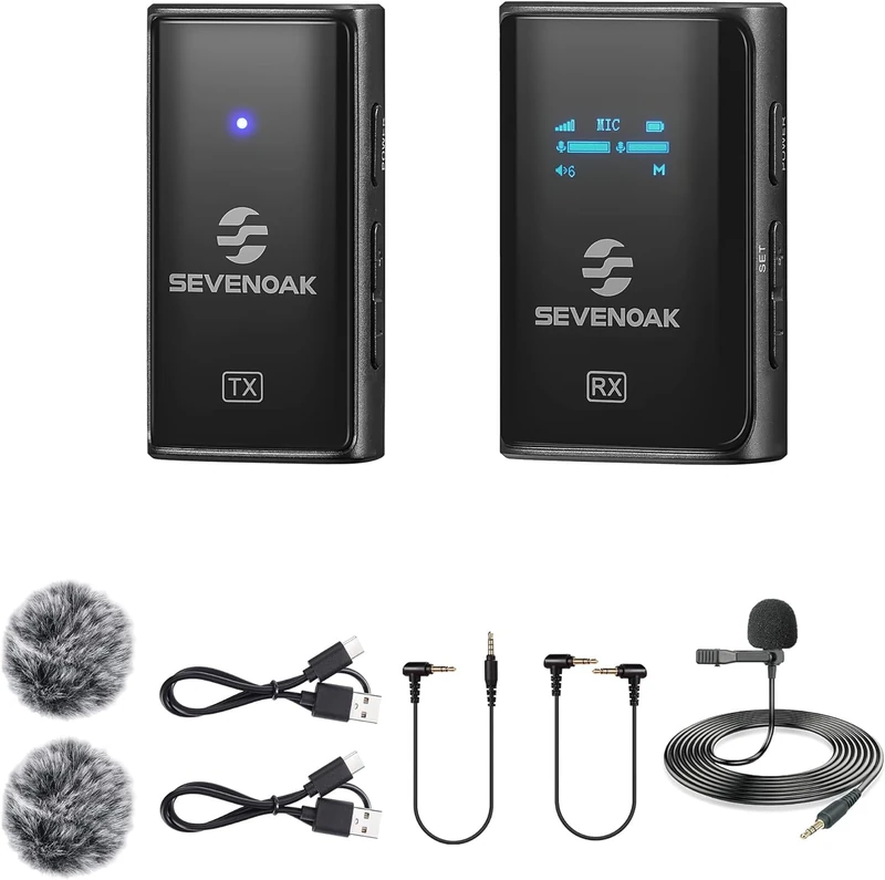 Sevenoak Wireless Lavalier Microphone with OLED, Stereo/Mono, Lavalier Microphone for Camera Phone iPhone Computer Video Recording Vlog SKM-W4 K1 (1 TX+1 RX)