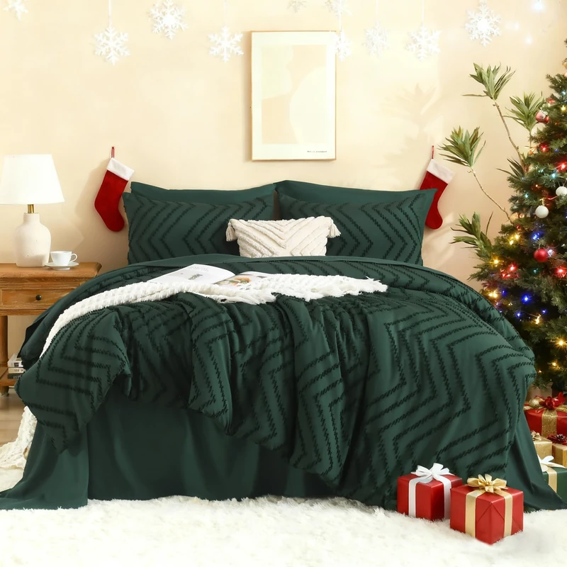 Litanika King Size Comforter Set with Sheets Dark Emerald Green - 7 Pieces Bed in a Bag King Boho Tufted Complete Beddding Sets with Comforter, Sheets, Pillowcases & Shams