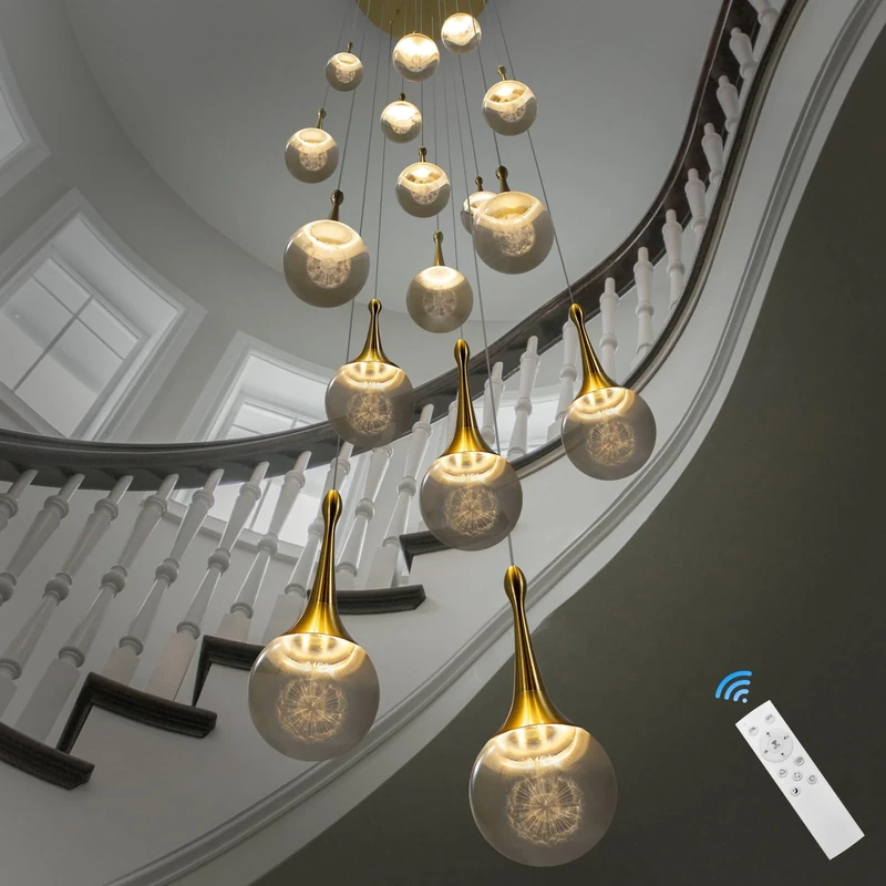 GINSENGLUX Gold LED Staircase Chandelier for High Ceiling, Gold LED Dimmable Remote, Modern Crystal Teardrop Long Hanging Pendant Light for Stairwell Living Room Entryway Stair Foyer, H118in 16 Lights