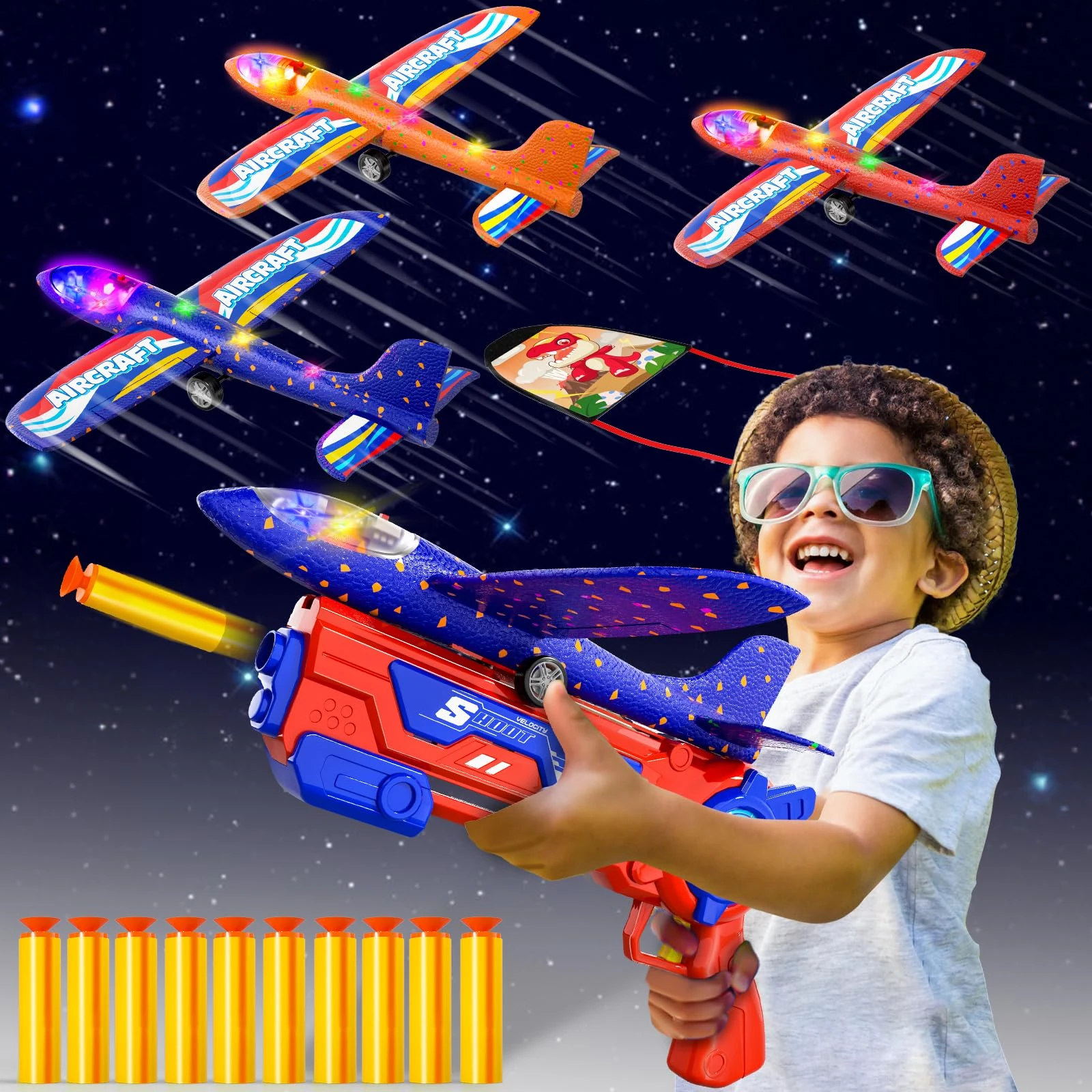 Doloowee 4 IN 1 Airplane Launcher Toys, LED Foam Glider Airplane Catapult, 2 Flight Modes, Outdoor Sports Flying Toys 3-12 Years Old Boys Girls Birthday Gifts