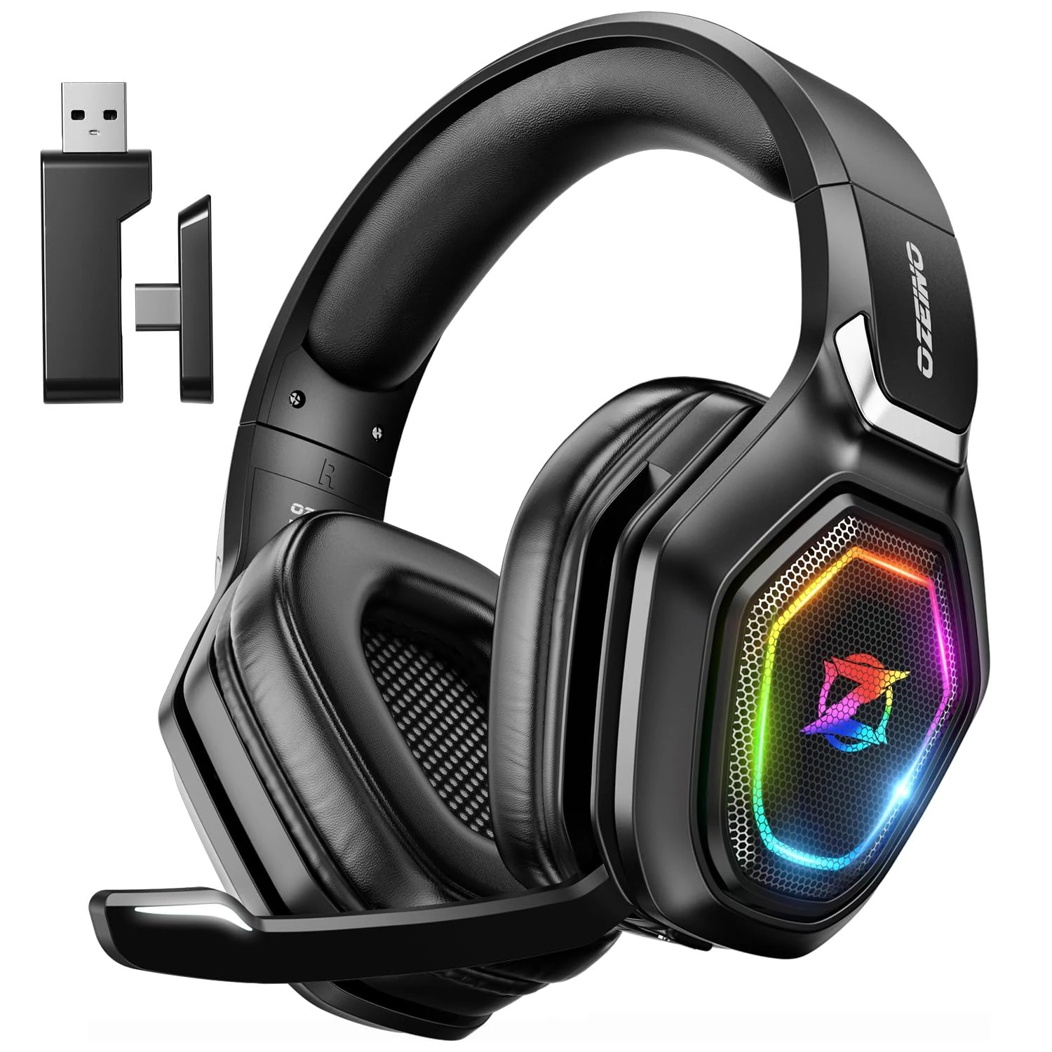 Ozeino Wireless Gaming Headset, Compatible with PC Ps5 Ps4 Boasts 2.4GHz Lossless Audio, USB & Type-C, Flip Microphone and 40-Hr Battery - Suited for Switch, Laptop, Mac