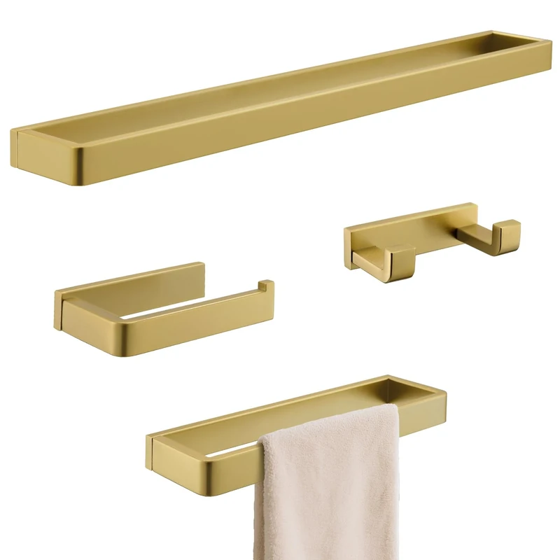 YACVCL Bathroom Hardware Set Brushed Gold 4-Piece Towel Bar Set Square Bathroom Accessories Kit Stainless Steel Wall Mounted