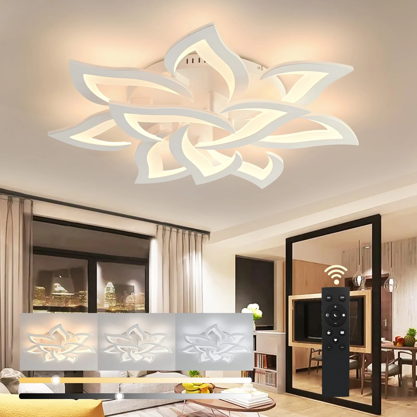 LED Ceiling Light Dimmable ,Modern Flower Ceiling Light with Remote Control, Chandelier for Ceiling Large Lamps, Acrylic Ceiling Lighting Fixtures for Living Room Bedroom 10 heads/Ø85cm/33.5in